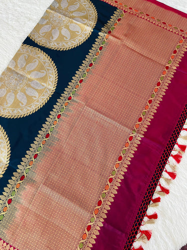 Banarasi Katan Silk Saree | Navy Blue & Maroon | Gold and Silver Zari | Handwoven | Silk Mark Certified | Ships from California